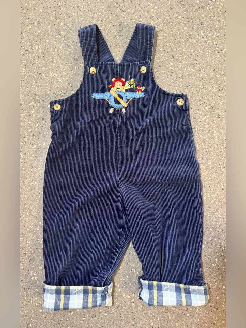 Vintage Blue Cotton Corduroy Overalls with Bear in AirPlane Embroidery 24 mo